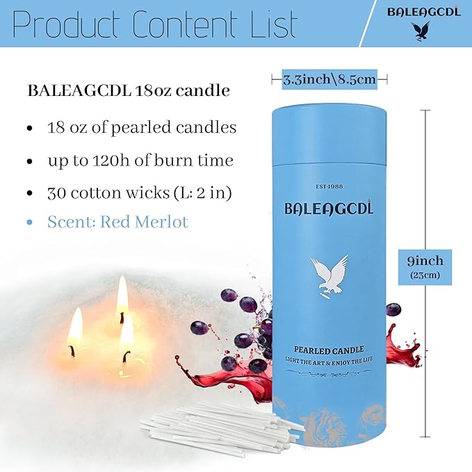Velvet Merlot Pearled Candle 18 Oz (1.1lb) with 30 Wicks - Merlot Wine Scented Sand Candles White Refillable Wax Lasts Up to 120 Hours Smooth and Clean Burning for DIY Candle Making
