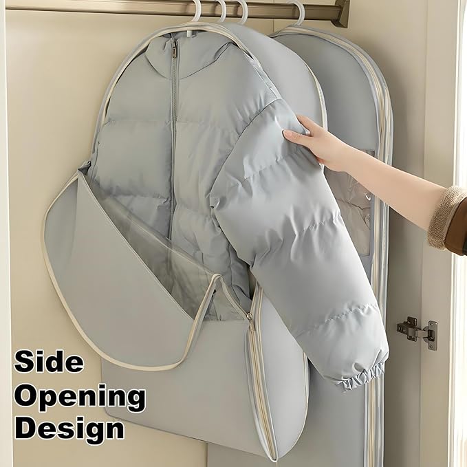 Space Saving Hanging Garment Bag with Self Compression Zipper, 2025 New Space Saver Clothes Storage Organizer, Dust Cover Clothes Bags for Down Coat Suit Dress or Jacket (Gray, L)