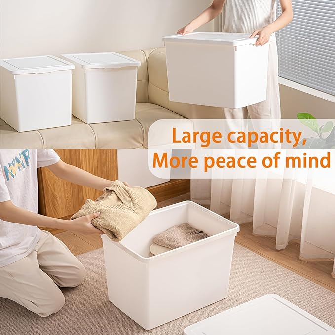 6 Pack Stackable Plastic Storage Bins with Lids,4 Extra Large 6Gallon+2 Large 3Gallon White Storage Containers with Handles,Heavy Duty Organizer Boxes for Home,Office,Garage,Snacks,Crafts,Legos,Tools