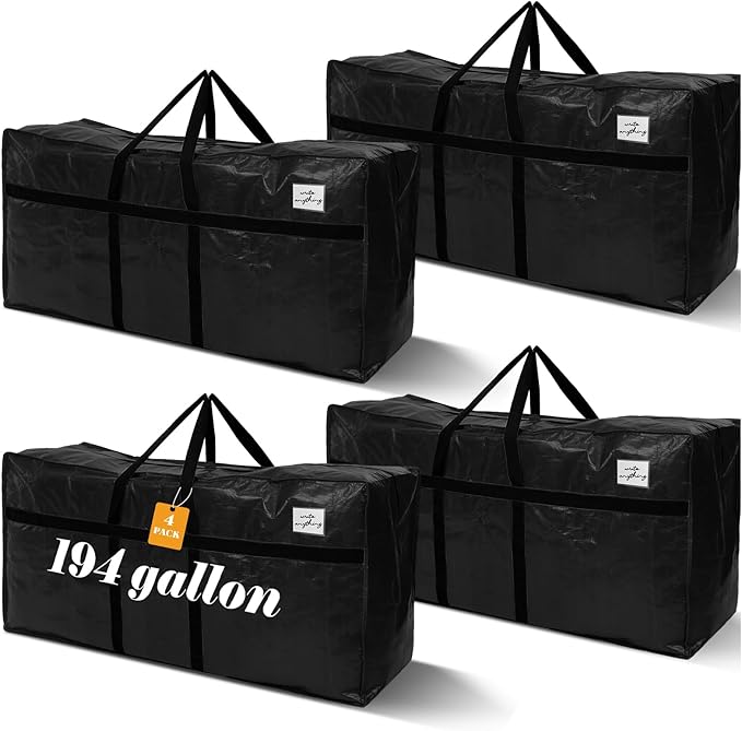 4 Pcs 194 Gallon Extra Large Moving Bags Heavy Duty Storage Bag with Strong Zipper Handle Foldable XXL Jumbo Storage Tote Packing Moving Box for College Dorm Travel Cloth Duffle (Black)
