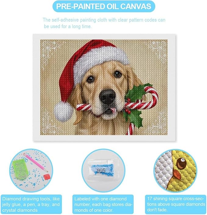 Diamond Painting Kits for Adults - Christmas Golden Retriever Puppy in Santa Hat with Candy Cane Painting DIY 5D Full Drill Diamond Dots Paintings with Diamonds Gem Art And Crafts Home Decor 12"x16"