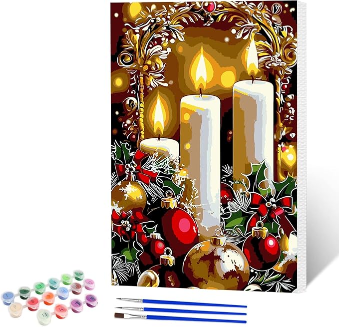 NAIMOER Christmas Candles Paint by Numbers Kits for Adults Beginner with Wooden Framed, Color by Numbers on Canvas Painting Kits for Adults, Easy Paint DIY Acrylic for Home Wall Decor 8X12 Inch
