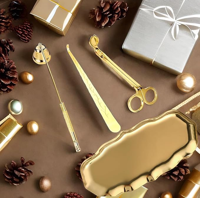 5 in 1 Candle Trimmer and Lighter Set with Candle Snuffer and Wick Trimmer with Tray, Gold Candle Wick Trimmer and Snuffer Set with Lighter and Wick Dipper for Scented Candle Lovers