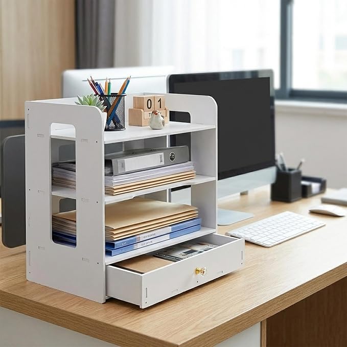 Desk Organizer, 3-Tier File Organizer for Desk with Drawer, Letter Tray Paper, Desktop Document Sorter for Letter, File Folder Holder for Office, Home or School- White MLT002W3