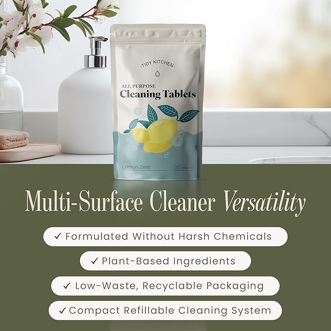 Tidy Kitchen All Purpose Cleaner Refill Tablets - Multi Surface Cleaner for Counters, Stovetops, Tile, Wood, Bath, and Glass - Compact Water-Activated Tablet Refills, 10 Pack