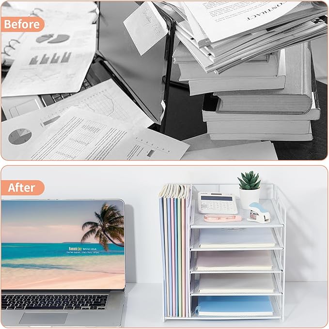 LEKETREE Desk Organizers and Accessories, 5-Tier Paper Letter Tray Organizer with File Holder, Desktop Organizer for Office Supplies (White)