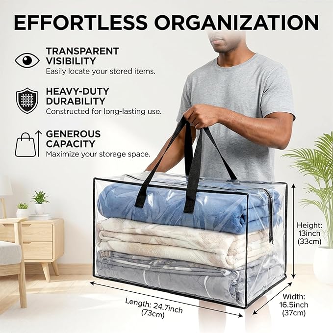 RAINFLOW Extra Large Moving Bags - Heavy Duty Clear Tote Bag for Storage and Organization with Smooth Zipper and Strong Handle Home Moving Supplies College Dorm Essentials for Girls and Guys 1PCS