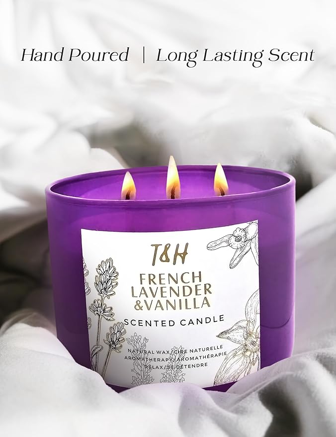 Lavender Vanilla 3-Wick Soy Candle | 80 Hour Burn | 15.8 oz Aromatherapy Scented Candle for Home | Calming Floral Scent | Gift Ready