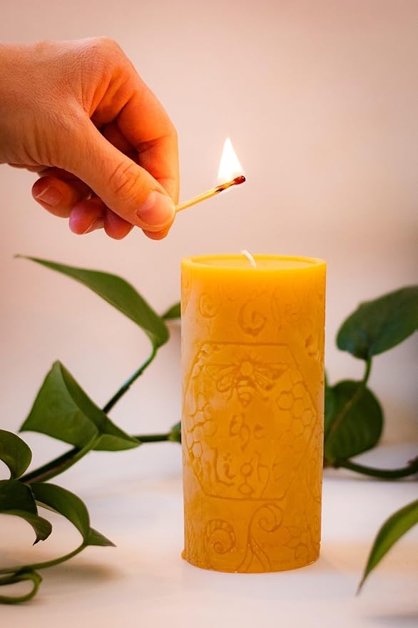 BeeTheLight Beeswax Pillar Candle - 100% Pure Bees Wax - Choose Your Size and Color - 72 Hour Burn Time - Fits 3x6 Holder - Unscented - Natural Light Honey Scent (Red Blossom, Large)
