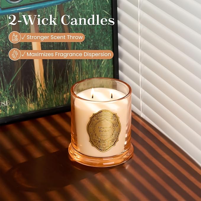 M&SENSE Tropical Basket Candles for Home Scented, 2 Wick 12.7oz Soy Wax Candles Non Toxic,70 Hours Long Burning,Christmas Candles Gift for Stress Relief, Meditation, Yoga