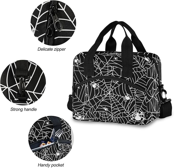 CBBYY Goth Spider Web Lunch Bags for Women Men, Reusable Insulated Lunch Box, Adjustable Shoulder Straps Tote Lunch Bag for Work Picnic School