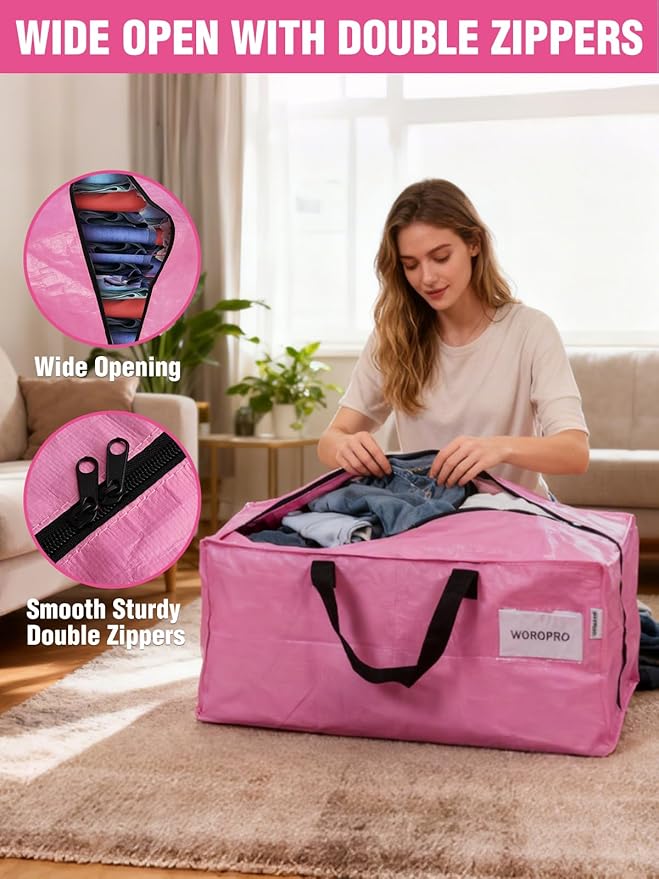 WORKPRO 10 Pack Extra Large Moving Bags with Zippers & Carrying Handles Backpack Straps, Heavy-Duty Storage Tote for Space Saving Moving Storage (Pink)