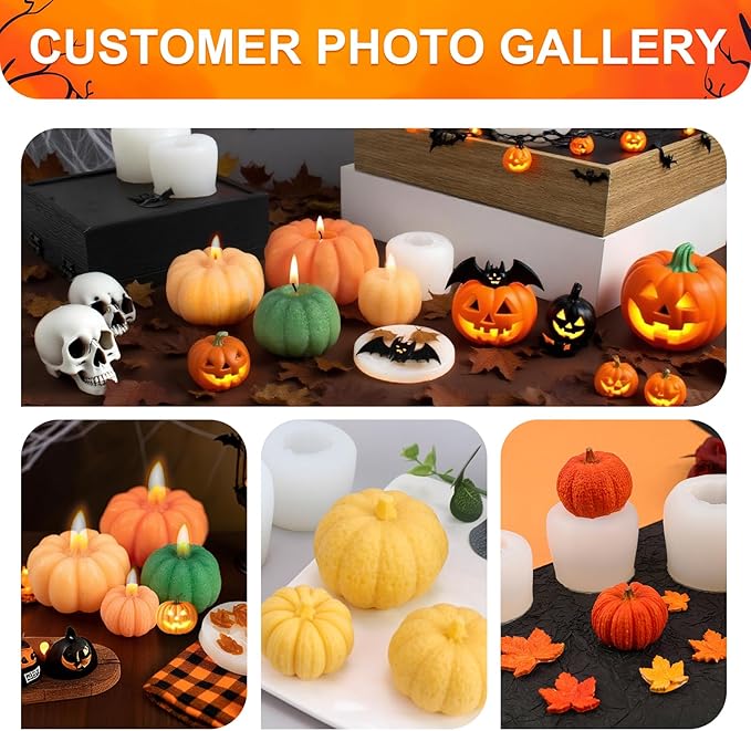 MGLIFEUL 6 pcs Upgrade Large Halloween Pumpkin Maple Leaf Candle Silicone Candle Mold with Wax Core, Halloween Fall Pumpkin Candle Resin Soap Molds Silicone Suitable for Businesses or households