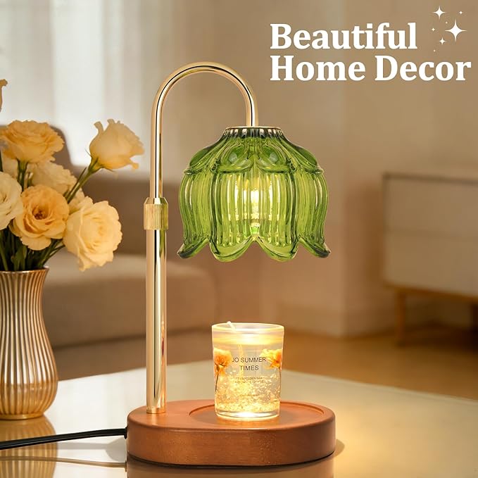 Flower Candle Warmer Lamp for Jar Candles with Timer & Dimmer, Adjustable Height Fits Large Jars up to 7.08" Tall, Flameless Wax Warmer, Cozy Bedroom Home Decor, Gift for Mom Women (Flower lamp-Green)