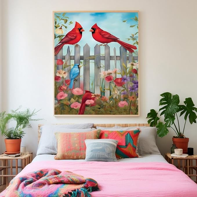 GUAIEUW Fence Red Bird Flowers Diamond Painting Kit for Adults, Full Round Diamond Cardinal Bird 5D Diamond Painting DIY Art Crafts for Winter Home Wall Decor Holiday Gift 20x24 Inch