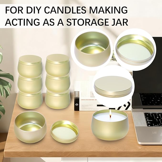24 Pack 8oz Glod Candle Tins for Making Candles - Bulk Metal Candle Containers with Lids. Empty Round Candle Jars for DIY & Travel. Shatterproof & Sturdy Vessels for Small Business.