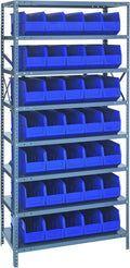 Quantum Storage Systems 1275-441BL Shelving Unit, 12" D x 36" L x 75" H, Carbon Steel, Galvanized with Blue Bins