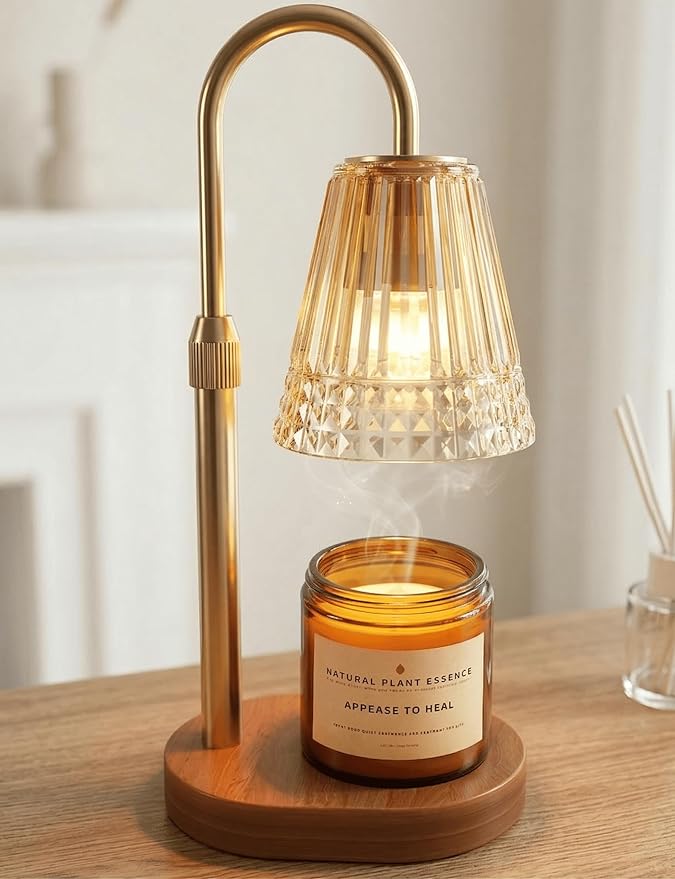 Candle Warmer Lamp with Timer and Dimmer, Adjustable Height Jar Candle Wax Warmer, Flameless Halogen Heat, 2 Replacement Bulbs, Gifts for Women Mom, Living Room Bedroom Decor Gold
