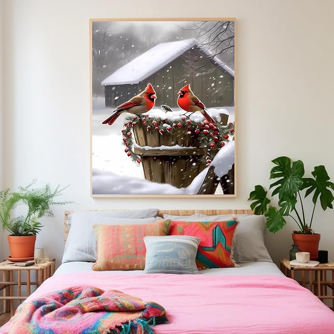 GUAIEUW Snow Lodge Redbird Diamond Painting Kit for Adults, Full Round Diamond Cardinal Bird 5D Diamond Painting DIY Art Crafts for Winter Home Wall Decor Holiday Gift 8x12 Inch