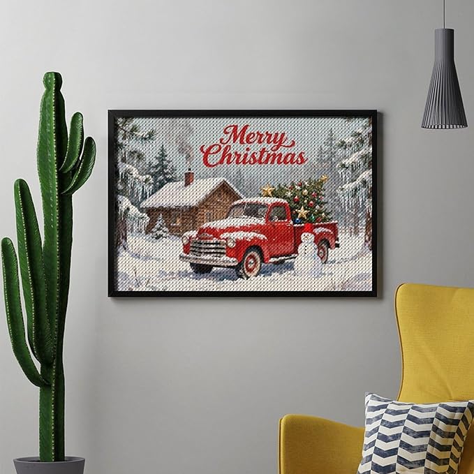AIVKIEJK Diamond Painting Kits for Adults - Christmas Red Truck with Snowman, Snowy Cabin & Tree Painting DIY 5D Full Drill Diamond Dots Paintings with Diamonds Gem Art and Crafts Home Decor 8"x12"