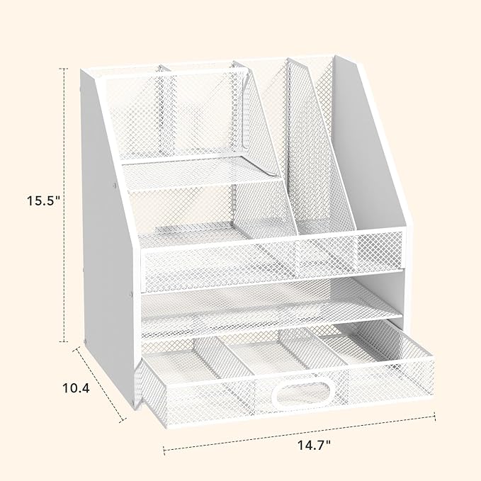 Homsorout Wooden Desk Organizer - Mesh File Organizer with Drawers and Pen Holder - 4-Tier Vertical Paper Letter Storage Tray, Desktop Organizers and Accessories for Home Office （White