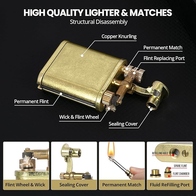 CHOICEDC Vintage Trench Lighter, Permanent Match, Cool Pipe Lighter, Unique Metal Lighters, Antique Kerosene Lighters Fluid Refillable, Reusable Waterproof Forever Matches, Gifts for Men, No Fuel