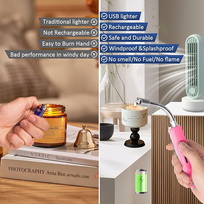 Lighters for Candle,Flameless Plasma Arc Electric Lighter USB C Rechargeable, Long Flexible Neck with Safety Switch for Birthday, Fireplace, Stocking Stuffers Gifts(Pink)