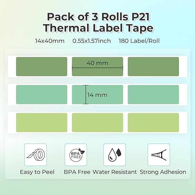 NELKO Genuine P21 Label Maker Tape, Adapted Label Print Paper, 14x40mm (0.55"x1.57"), Standard Laminated Labeling Replacement, Multipurpose of P21, 180 Tapes/Roll, 3-Roll, Light Green/Green/Dark Green