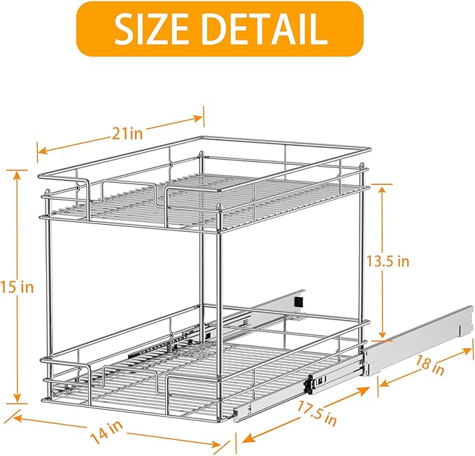 ROOMTEC New Version Pull Out Cabinet Organizer for Base Cabinet (14" W X 21" D), Kitchen Cabinet Organizer and Storage 2-Tier Cabinet Pull Out Shelves Under Cabinet Storage for Kitchen Silver,Chrome