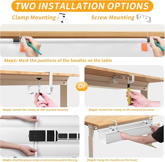 Under Desk Cable Management Tray with Clamp, No Drill 48" Cord Organizer for Desk, Desk Cable Management Fabric Tray for Standing Desks, Ideal for Home & Office - White