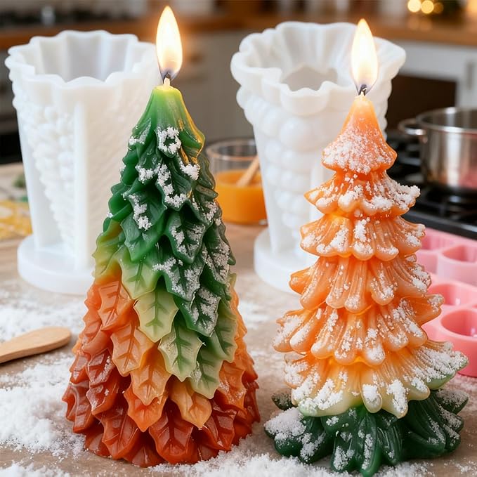 2pcs 3D Christmas Tree Silicone Candle Soap Epoxy Resin Wax Mold Silicone Shapes Christmas Trees Mold for Candle Resin Soap Craft Cake Chocolate Making Kit Christmas Gift (Coniferous+Weeping Pine)