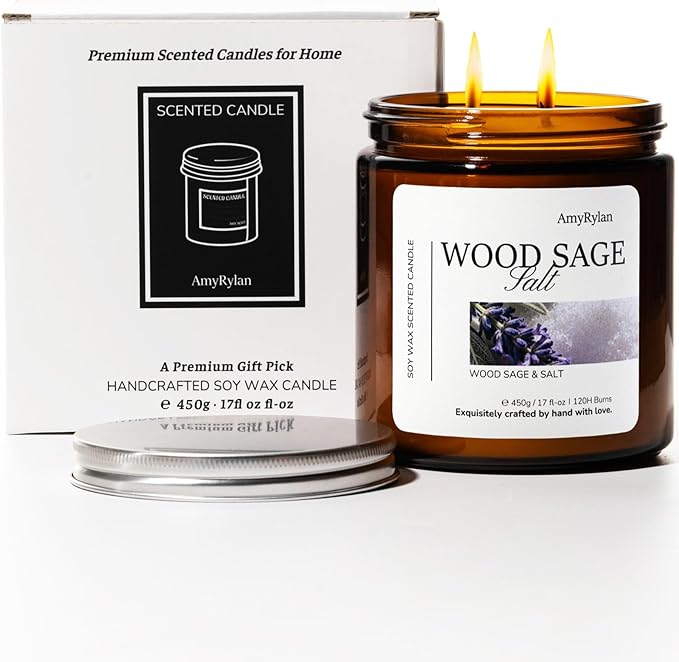 2 Wicks 17oz Large Non-Toxic Soy Wax Scented Candle, Wood Sage & Salt 120 Hours of Burn Time, Long Lasting Candle for Gift, Cost-Effective Candle for Home Fragrance, Aromatherapy
