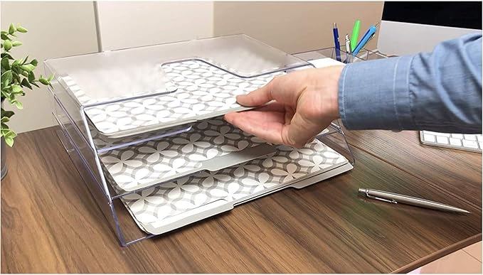 Acrimet Horizontal Triple File Folder Holder Organizer, Open Top Desktop Document Sorter for Letter Size Papers & Folders, Plastic (Clear Crystal)