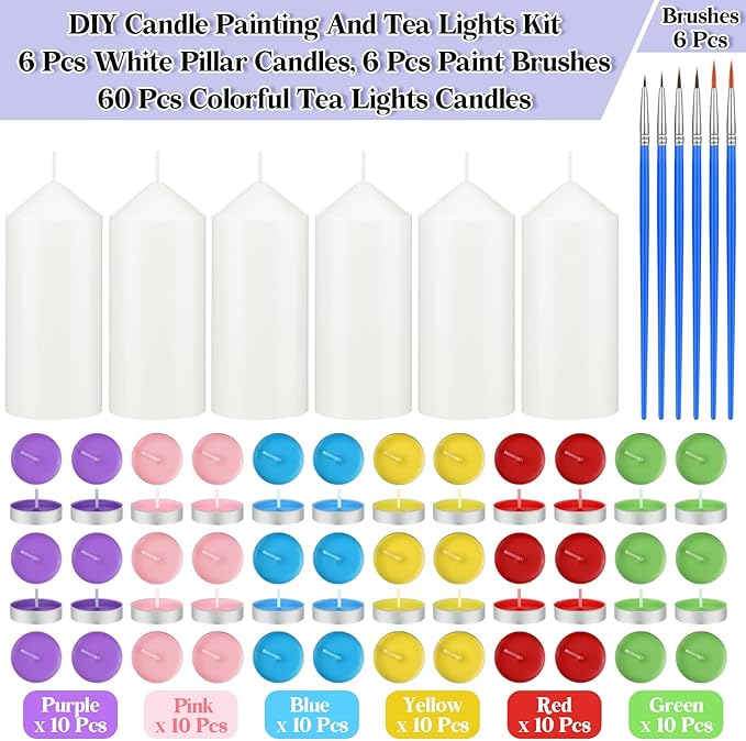 MTLEE 72 Pcs DIY Candle Painting Kit Include 6 Pcs 2"x 4" White Pillar Candles 60 Colored Tealight Candles and 6 Paint Brushes for Birthday Wedding Tea Party Crafts Centerpieces