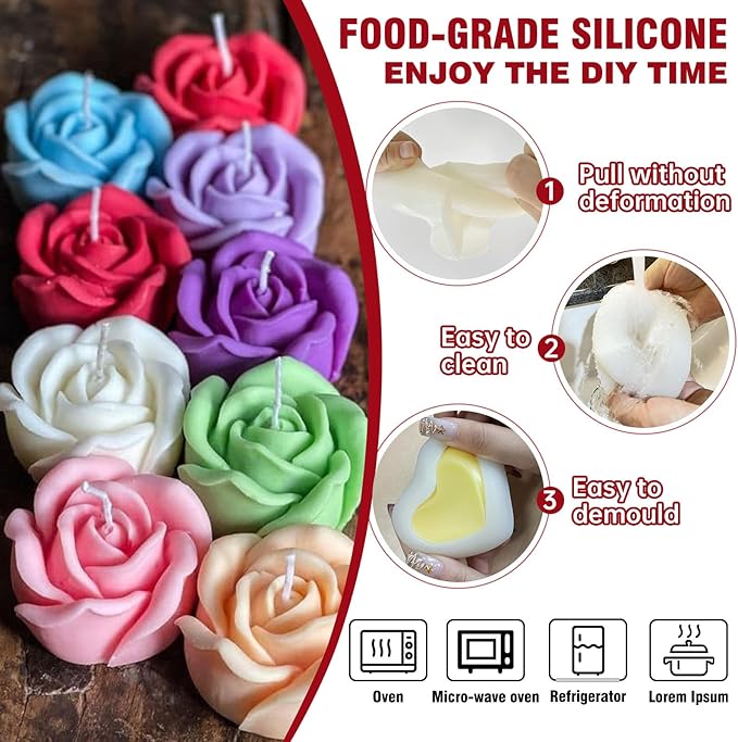 3D Rose & Heart Candle Molds, 2 Pcs Silicone Candle Molds for Candle Making,DIY Handmade Soaps, Flower Ice Cubes, Heart Chocolate, Valentine's Day Gift (Rose&Heart)