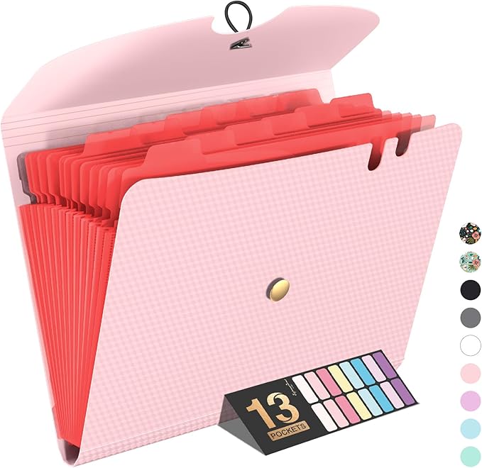 Sooez Expanding File Folder, 13 Pocket Accordion File Organizer, Monthly Expandable File Folder for Documents with Labels, Portable Bill Receipt Organizer for School Office Supplies, Letter A4 Size