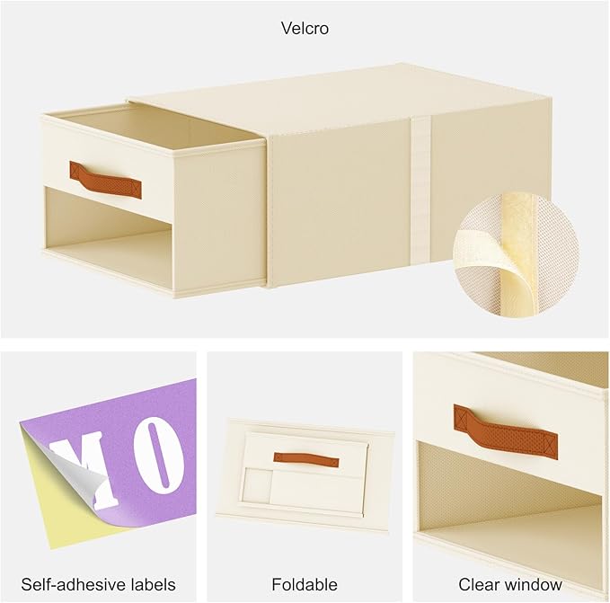 Stackable Storage Drawers - Pull Out Storage Bins with Drawers for Closet Clothes Organizers with Weekly Labels & Clear Window, Closet Shelf Storage for Bedroom, Living Room, 5 Pack, Beige