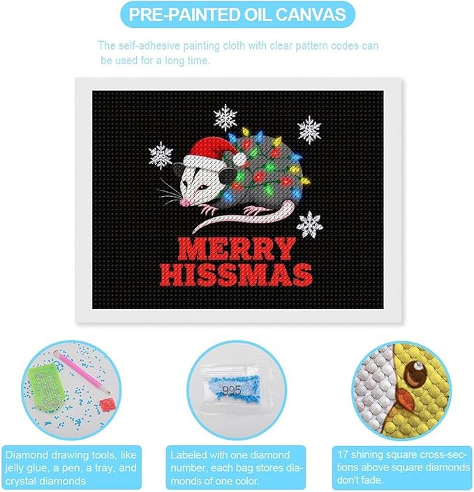 AIVKIEJK Diamond Painting Kits for Adults - Christmas Possum Merry Hissmas Painting DIY 5D Full Drill Diamond Dots Paintings with Diamonds Gem Art and Crafts Home Decor 12"x16"