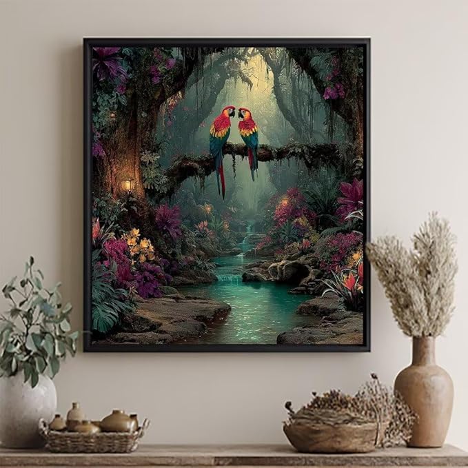 Paint by Numbers Kit for Adults Parrot Paint by Numbers River DIY Crafts for Adults Canvas Paintings Kits, Hobbies for Women Art With Accessories for Home Wall Decor 20x20inch Without Frame X-8268