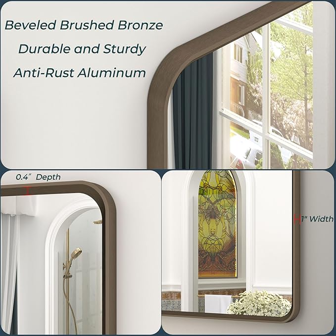 OKPAL 48X36 Bronze Framed Mirror, Bathroom Vanity Mirror with Brushed Metal Frame, Bronze Rectangle Bathroom Mirror, Round Corner, Anti-Rust, Shatterproof (Horizontal/Vertical)