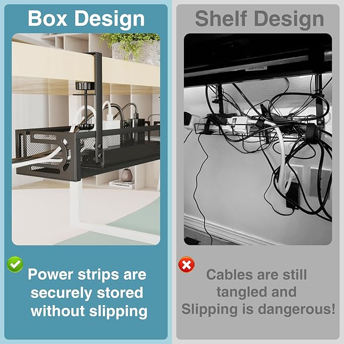 No Drill Under Desk Cable Management Tray, SONATURE 25.3" Cord Organizer for Table, Clamp Mount Desk Cable Management, Premium Carbon Steel Cable Organizer for Office, Home (Black)