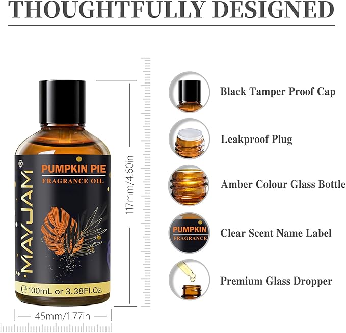 Pumpkin Pie Fragrance Oil Essential Oil, MAYJAM 3.38FL.OZ Pumpkin Pie Oil for Diffusers for Home, Long Lasting Scented Oils for Soap Candle Making - 100ML