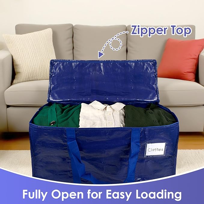 SINLAND 4 Pack Extra Large Heavy Duty Moving Bags with Strong Zippers, Reinforced Handles and Tag Pocket, Packing Totes Supplies for College Dorm Room, Packing Bags for Saving Space (Blue)