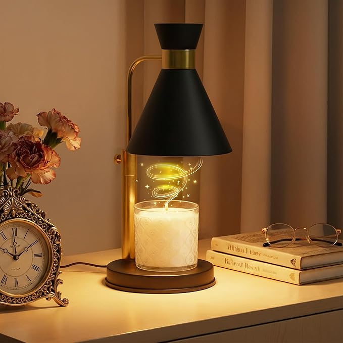 Candle Warmer Lamp with Timer & Dimmer, Adjustable Height and Brightness. Black & Gold Modern Wax Warmer for a Flameless, Cozy Home, an Elegant Birthday or Housewarming Gift for Women, Moms, and Men