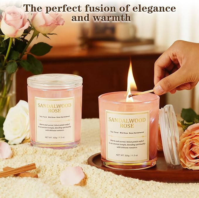 Candles for Home Scented- 2 Pack,Wood Wick Sandalwood Rose Scented Candle,22.6 oz 150 Hour Long Burning Lasting, Natural Soy Wax Candles Gifts Set