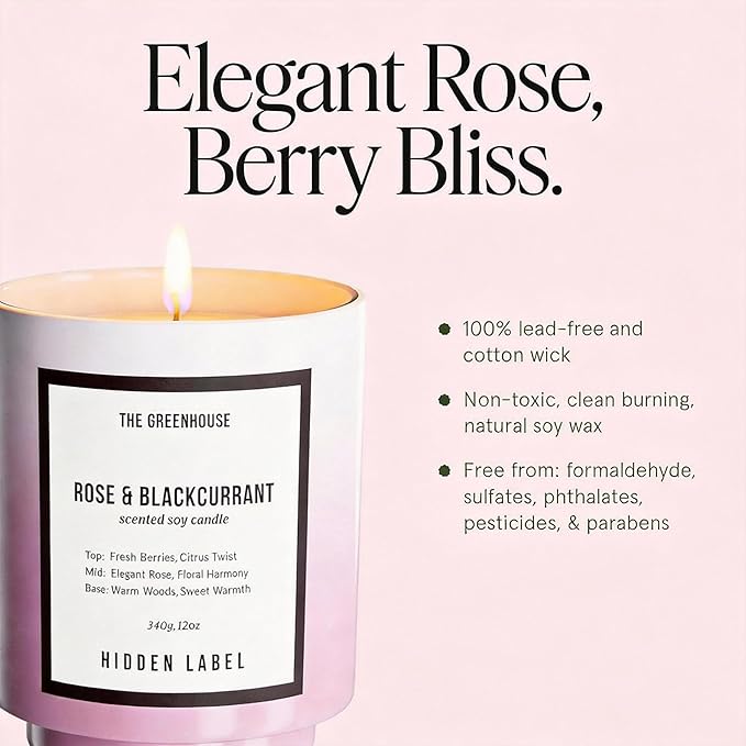Hidden Label Rose Blackcurrant Soy Candles, 12oz Natural Soy Wax, 75 Hours Long Lasting Clean Burn, Scented Candles Gifts for Women, Valentine's Day, Stress Relief, Meditation, Relaxation