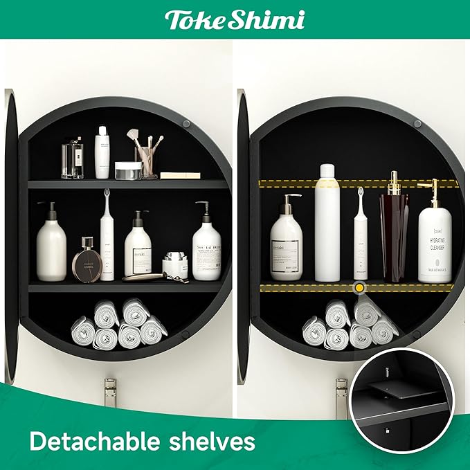 TokeShimi 24 x 24 Round Medicine Cabinet for Bathroom, Brushed Nickel Circle Medicine Cabinet Mirror Shatterproof with Stainless Steel Metal Frame, Detachable Shelves, Wall Mounted Only