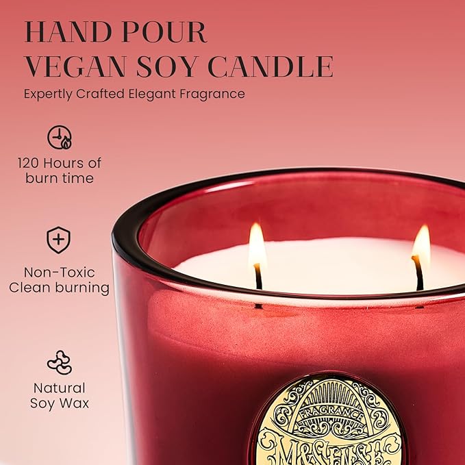 M&SENSE Large Two-Wick Soy Candle | Wild Rose & Red | 19.8 oz, 120H Burn Time | Luxury Scented Candle for Relaxation, Home Décor,Gift for her| Ideal for Valentine Day