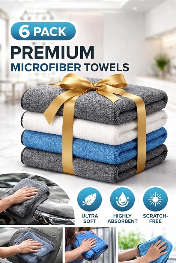 Microfiber Cleaning Cloth 6 Pack, Ultra Soft, Premium, Highly Absorbent, Scratch-Free Towels for Car, Glass, Kitchen & Home, Lint-Free, Reusable (11x11 Inch)