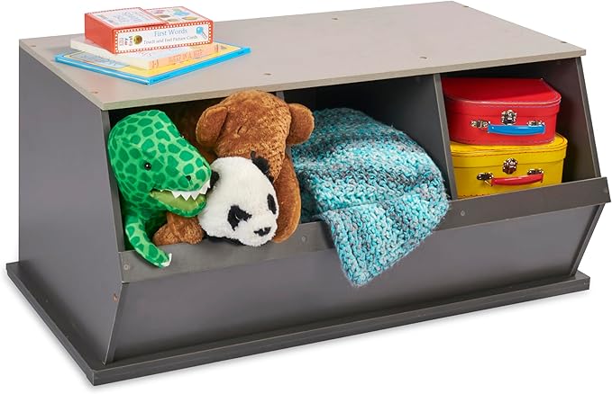 Badger Basket 3-Bin Stackable Toy Storage Organizer and Cubby for Kids – Durable Plastic Bins, Easy Access Storage for Toys, Books, and Kids’ Room – Charcoal Gray